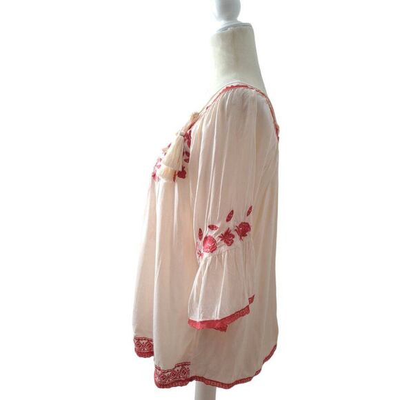 Love Sam Women's Cold Shoulder Salmon Pink Embroidered Boho Hippie Top  Sz XS - Picture 6 of 8